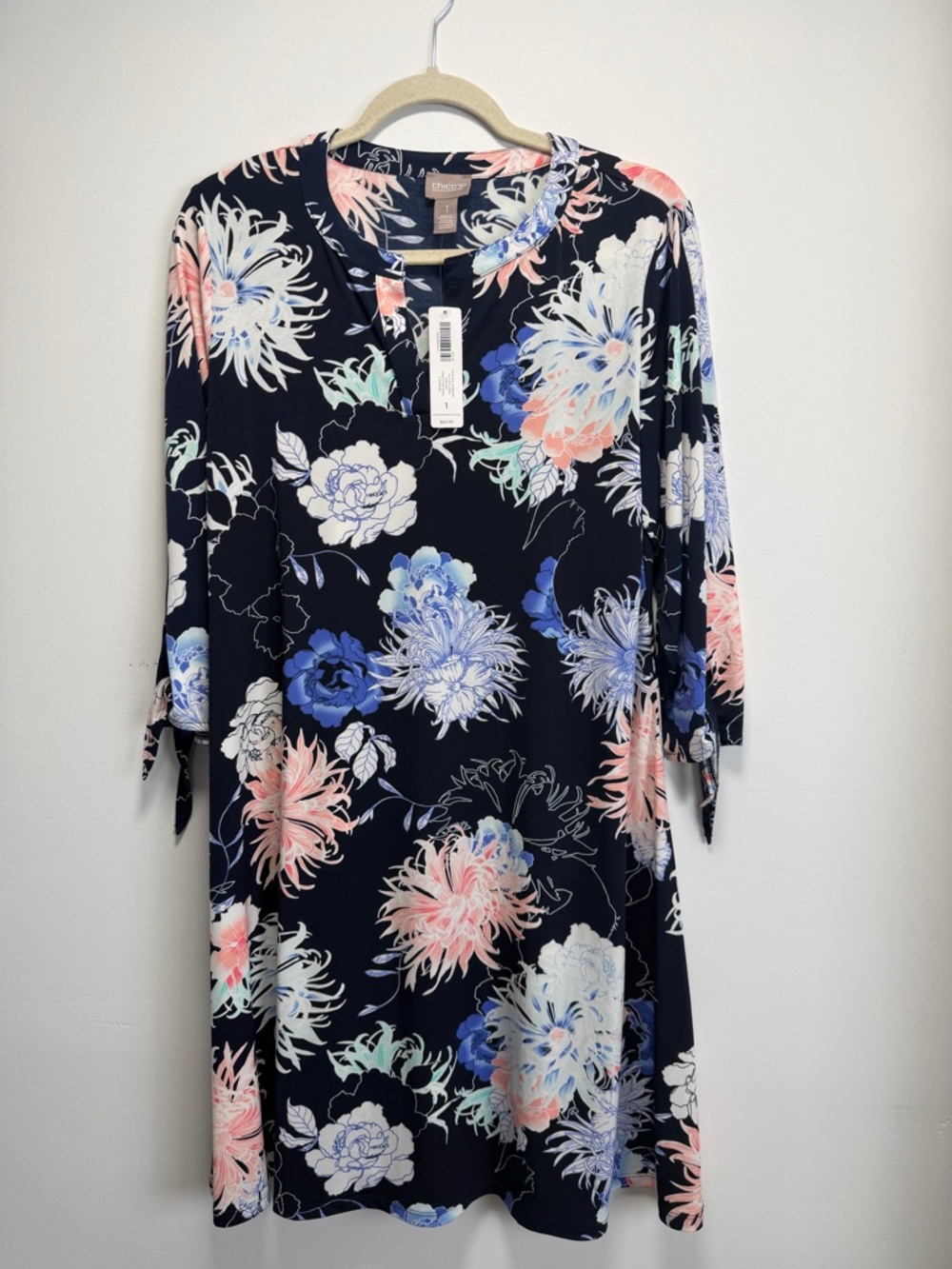 Chico's Navy Floral Tie-Sleeve Midi Dress